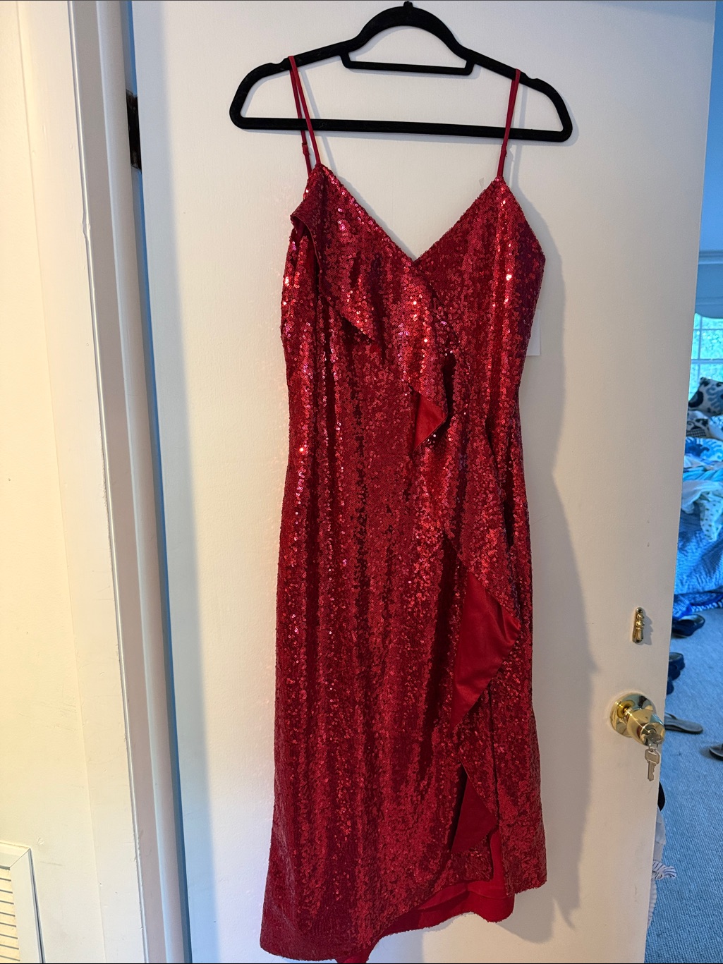 Red Sequin Ruffle Midi Slip Dress